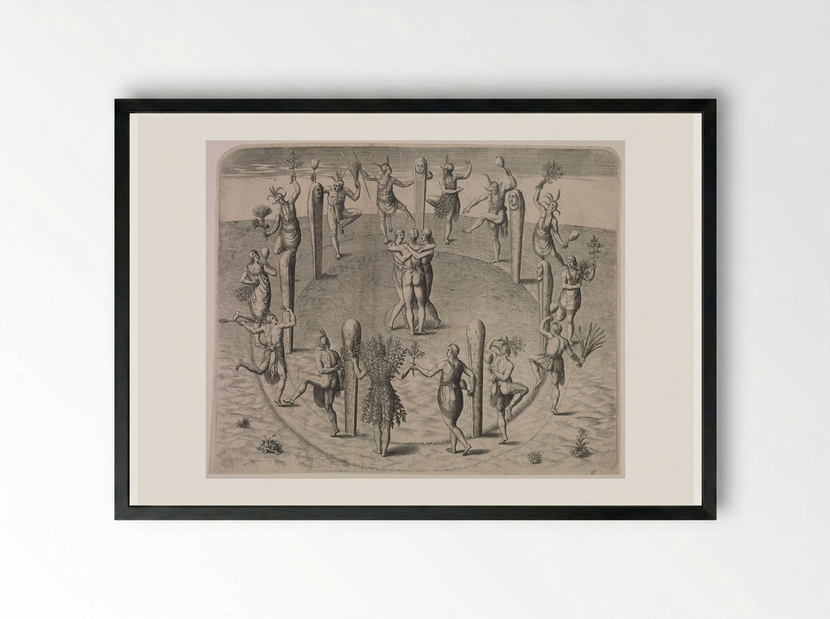Festival Dance of the Virginians - Theodor de Bry - Framed Print Black