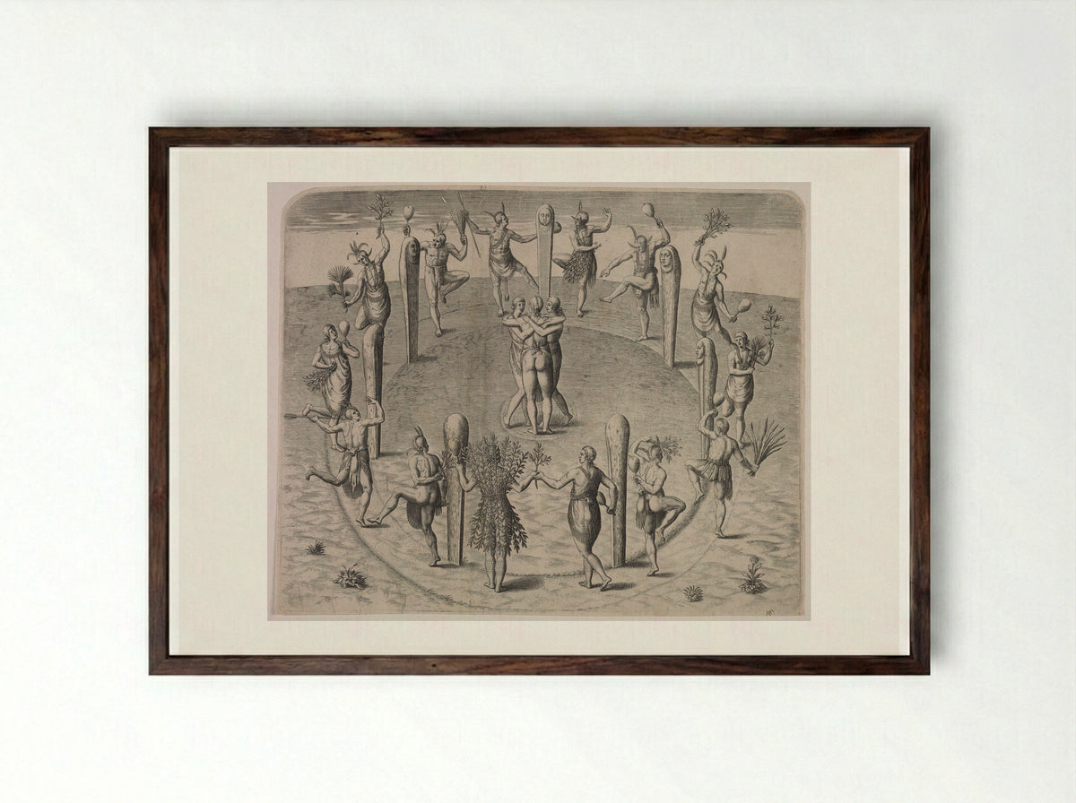 Festival Dance of the Virginians - Theodor de Bry - Framed Print Dark Wood