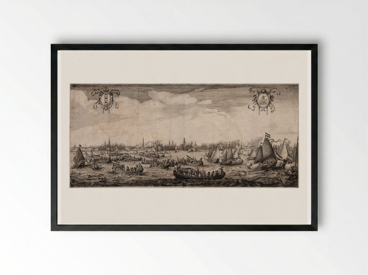 Festive Procession of Ships Before Amsterdam - Salomon Savery - Framed Print Black