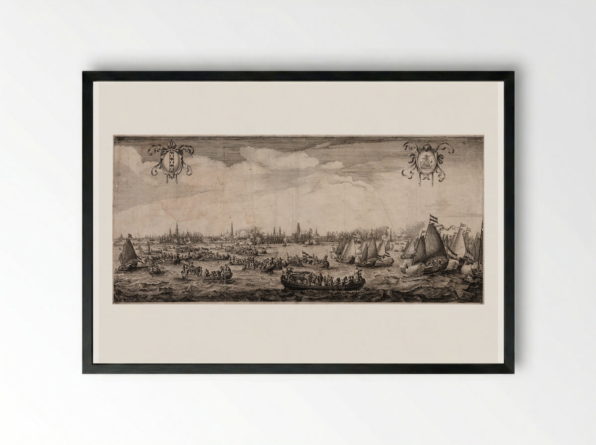 Festive Procession of Ships Before Amsterdam - Salomon Savery - Framed Print Black