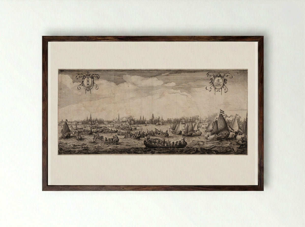 Festive Procession of Ships Before Amsterdam - Salomon Savery - Framed Print Dark Wood