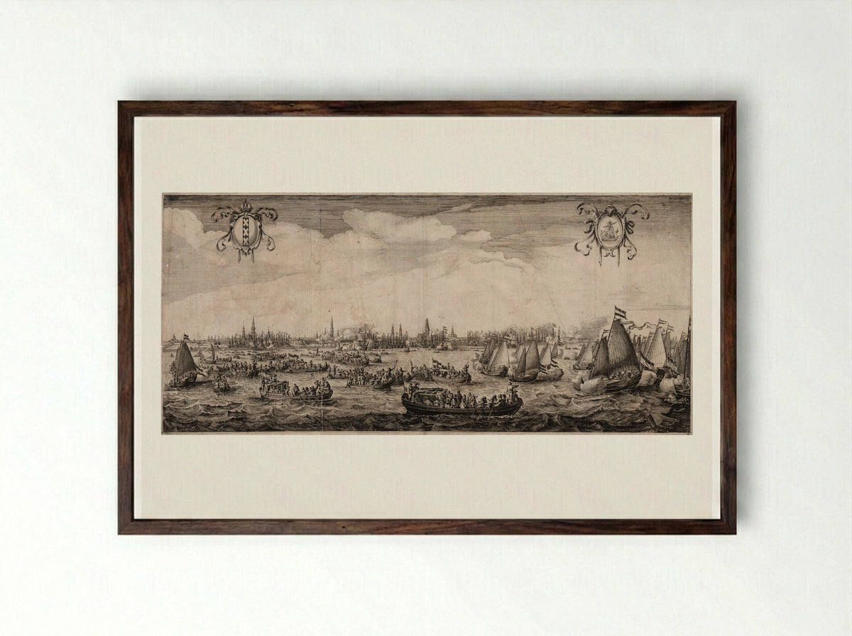 Festive Procession of Ships Before Amsterdam - Salomon Savery - Framed Print Dark Wood