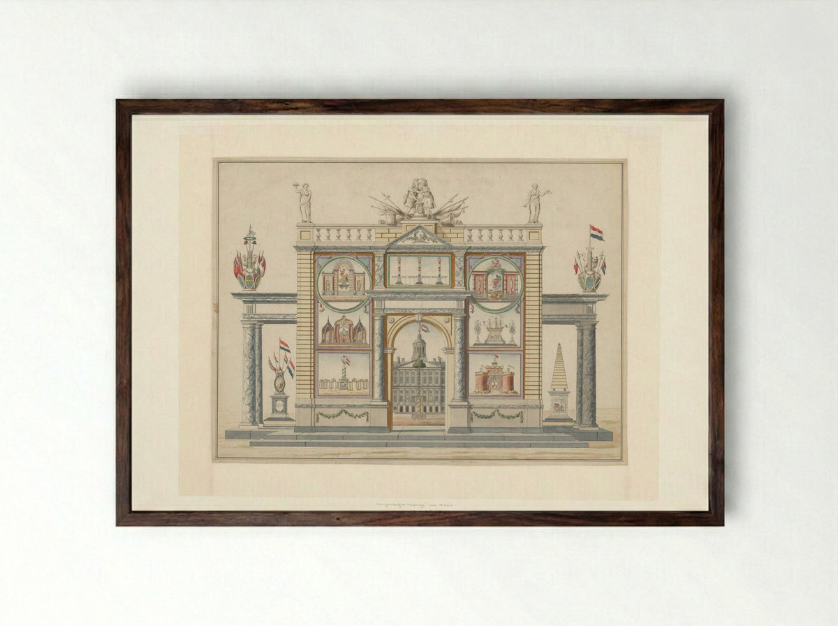 Fictieve triomfboog voor het Alliantiefeest op de Dam te Amsterdam - Anonymous - Framed Print Dark Wood