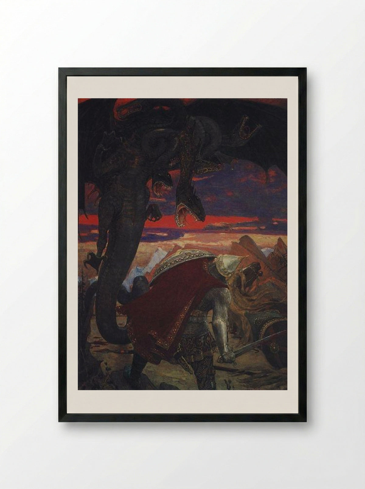 Fight of Dobrynya Nikitich with the Seven-Headed Zmey Gorynych - Viktor Vasnetsov - Framed Print Black