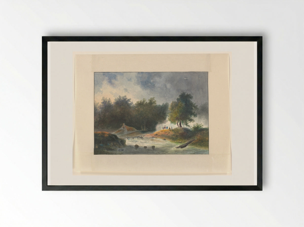 Figuren bij een brug over een rivier - Johannes van Reijn - Framed Print Black