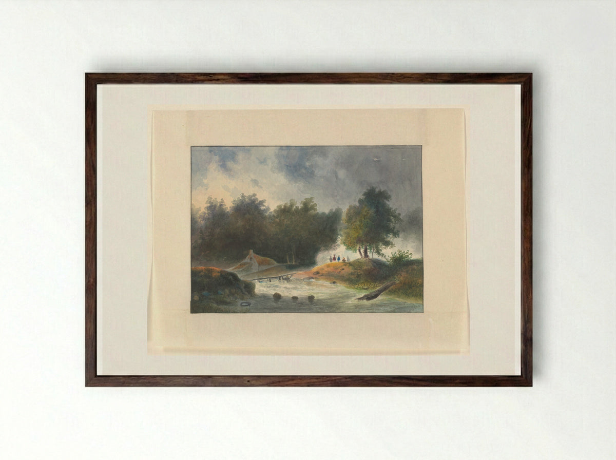 Figuren bij een brug over een rivier - Johannes van Reijn - Framed Print Dark Wood