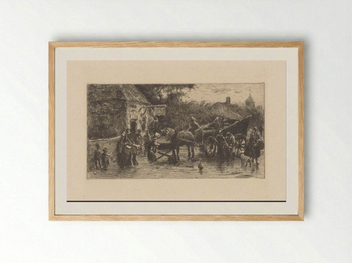 Figuren bij een paardenkoets op straat - Jan de Jong - Framed Print Wood