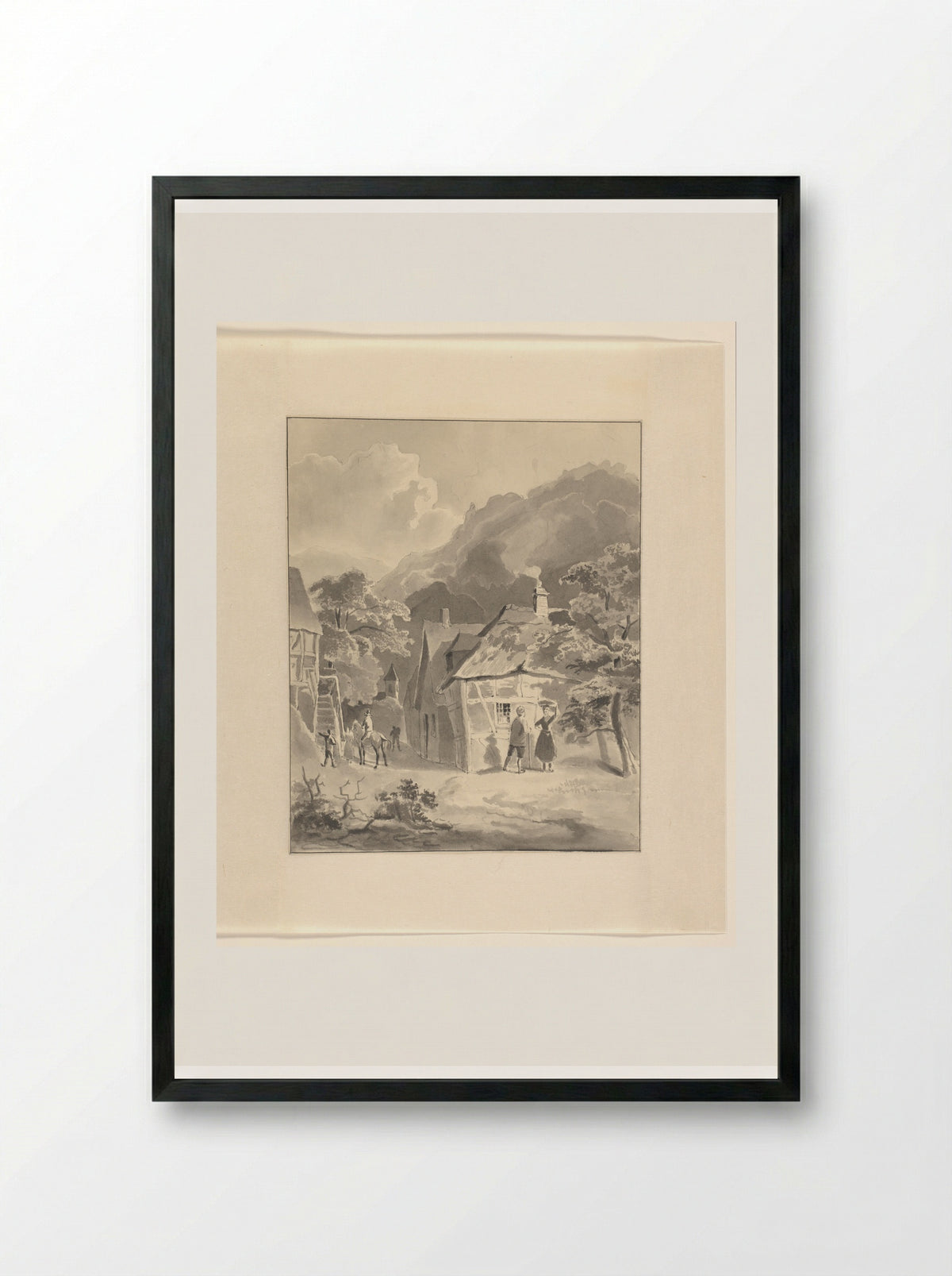 Figuren in een dorp in een berglandschap - Johannes van Reijn - Framed Print Black