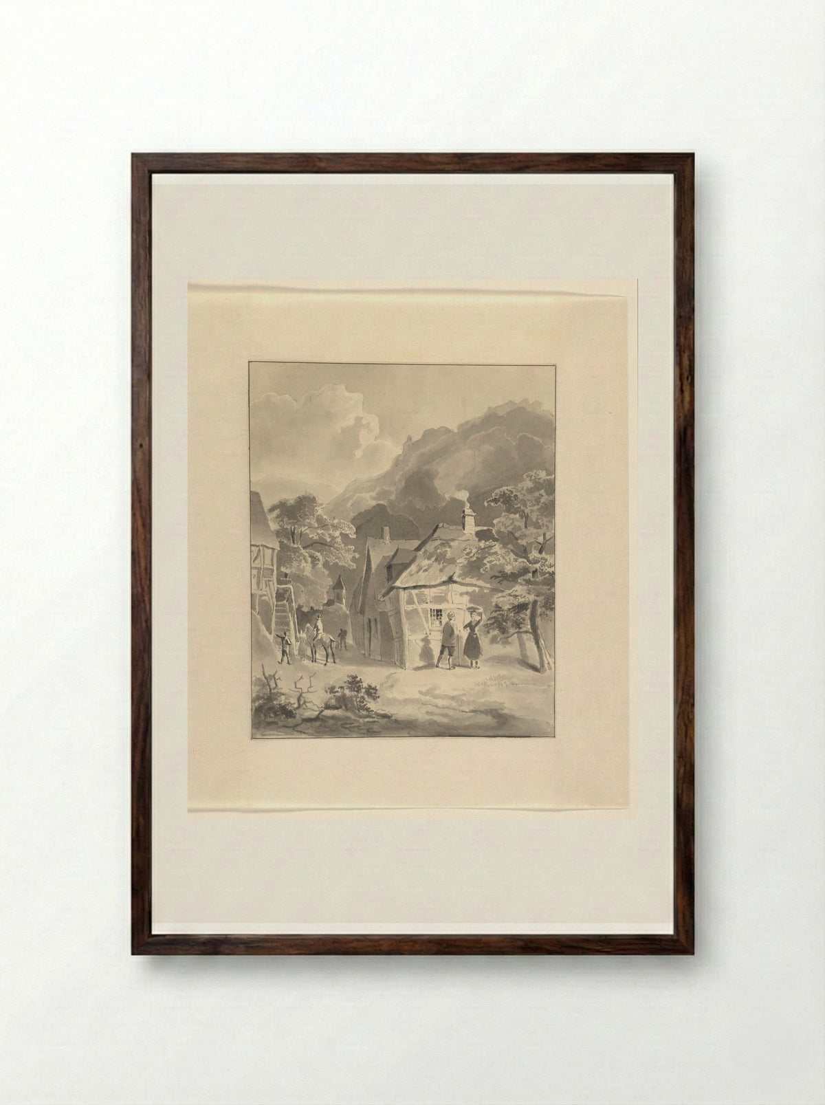 Figuren in een dorp in een berglandschap - Johannes van Reijn - Framed Print Dark Wood