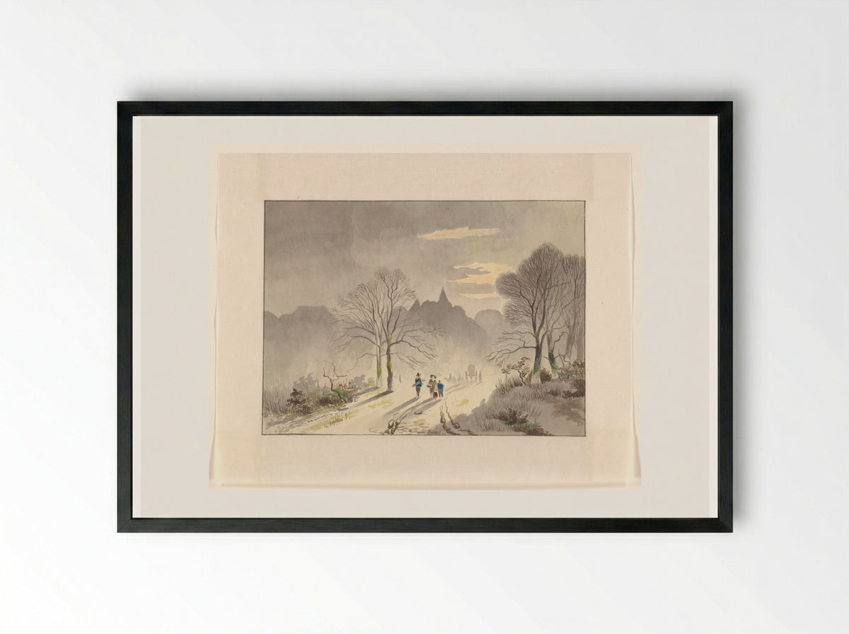 Figuren op een landweg in een winterlandschap - Johannes van Reijn - Framed Print Black
