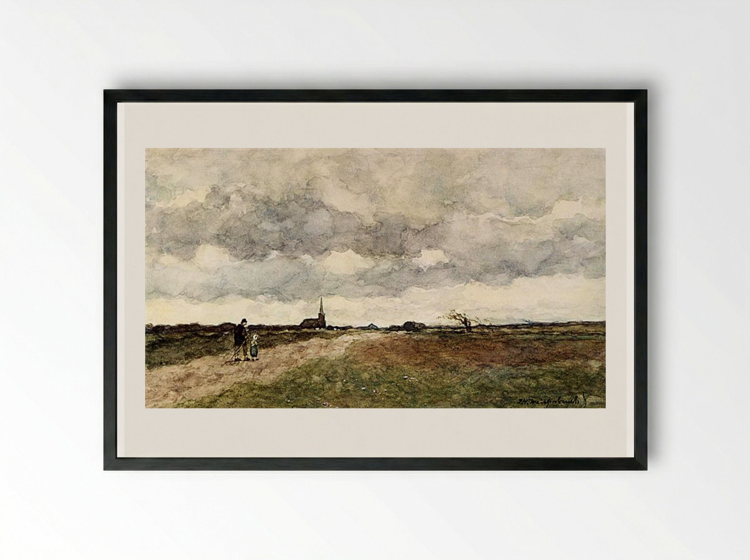 Figures On A Country Road, A Church In The Distance - Johan Hendrik Weissenbruch - Framed Print Black