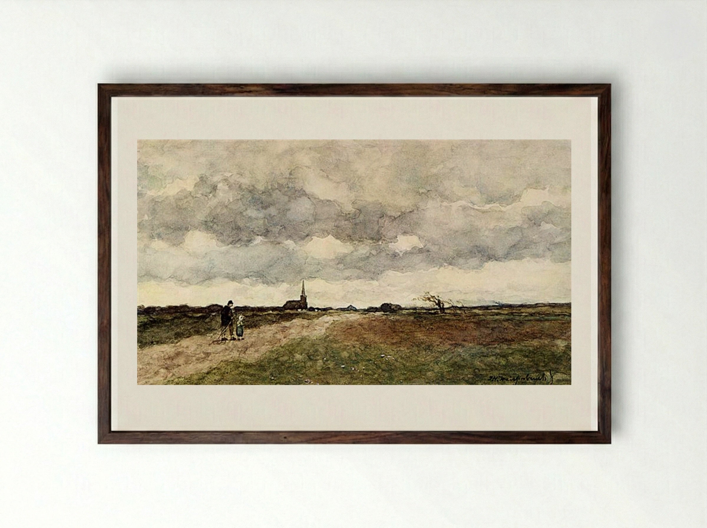Figures On A Country Road, A Church In The Distance - Johan Hendrik Weissenbruch - Framed Print Dark Wood