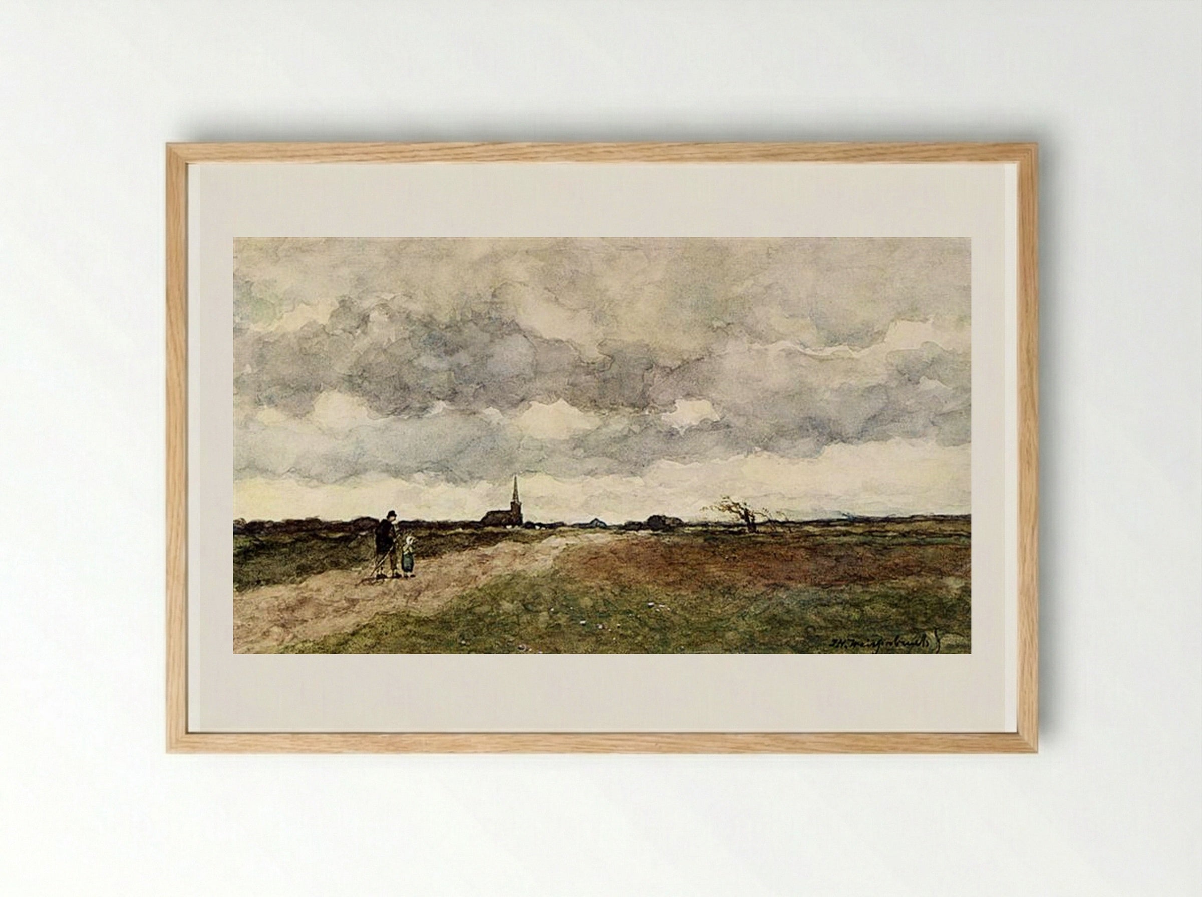 Figures On A Country Road, A Church In The Distance - Johan Hendrik Weissenbruch - Framed Print Wood