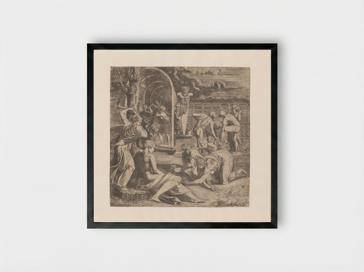 Figures Tending a Garden with a Statue of Priapus - Léon Davent - Framed Print Black