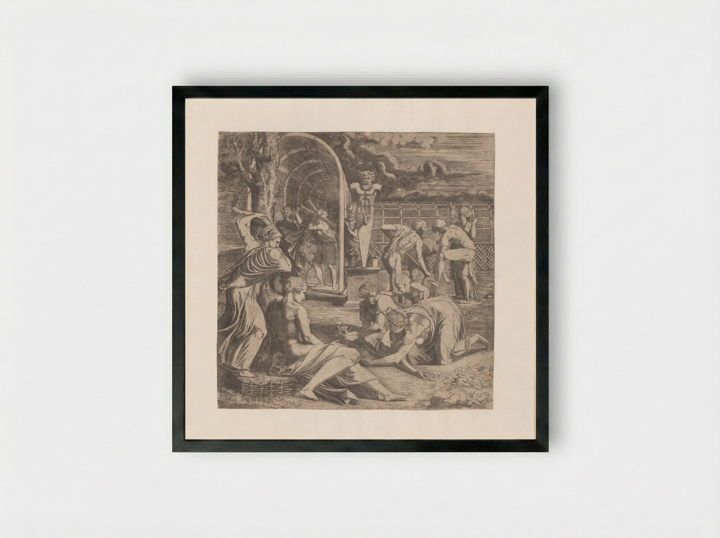 Figures Tending a Garden with a Statue of Priapus - Léon Davent - Framed Print Black