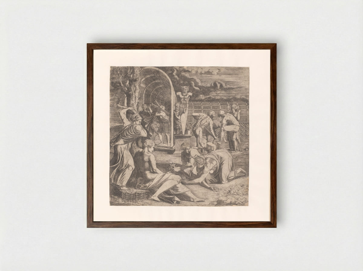 Figures Tending a Garden with a Statue of Priapus - Léon Davent - Framed Print Dark Wood