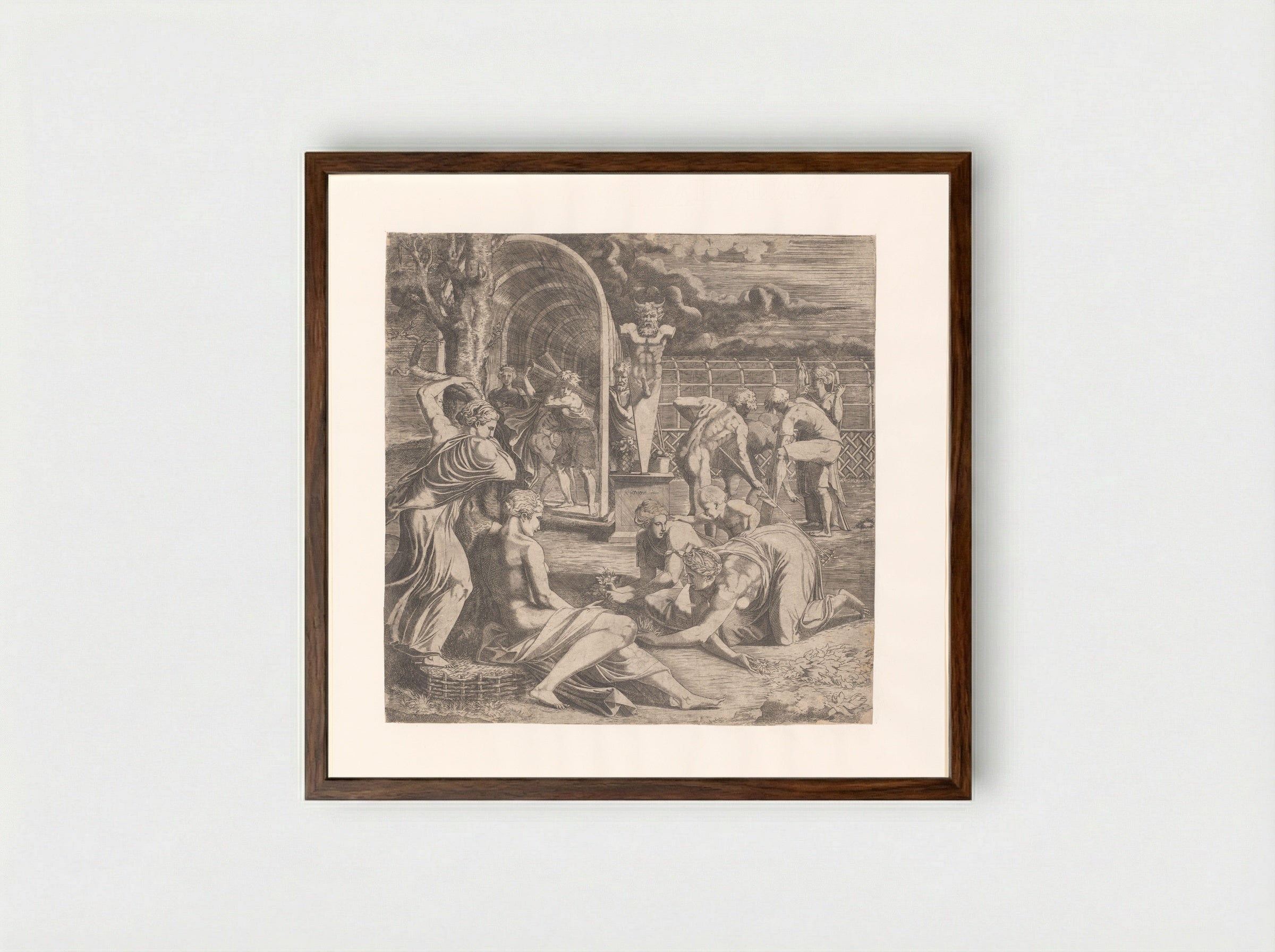 Figures Tending a Garden with a Statue of Priapus - Léon Davent - Framed Print Dark Wood