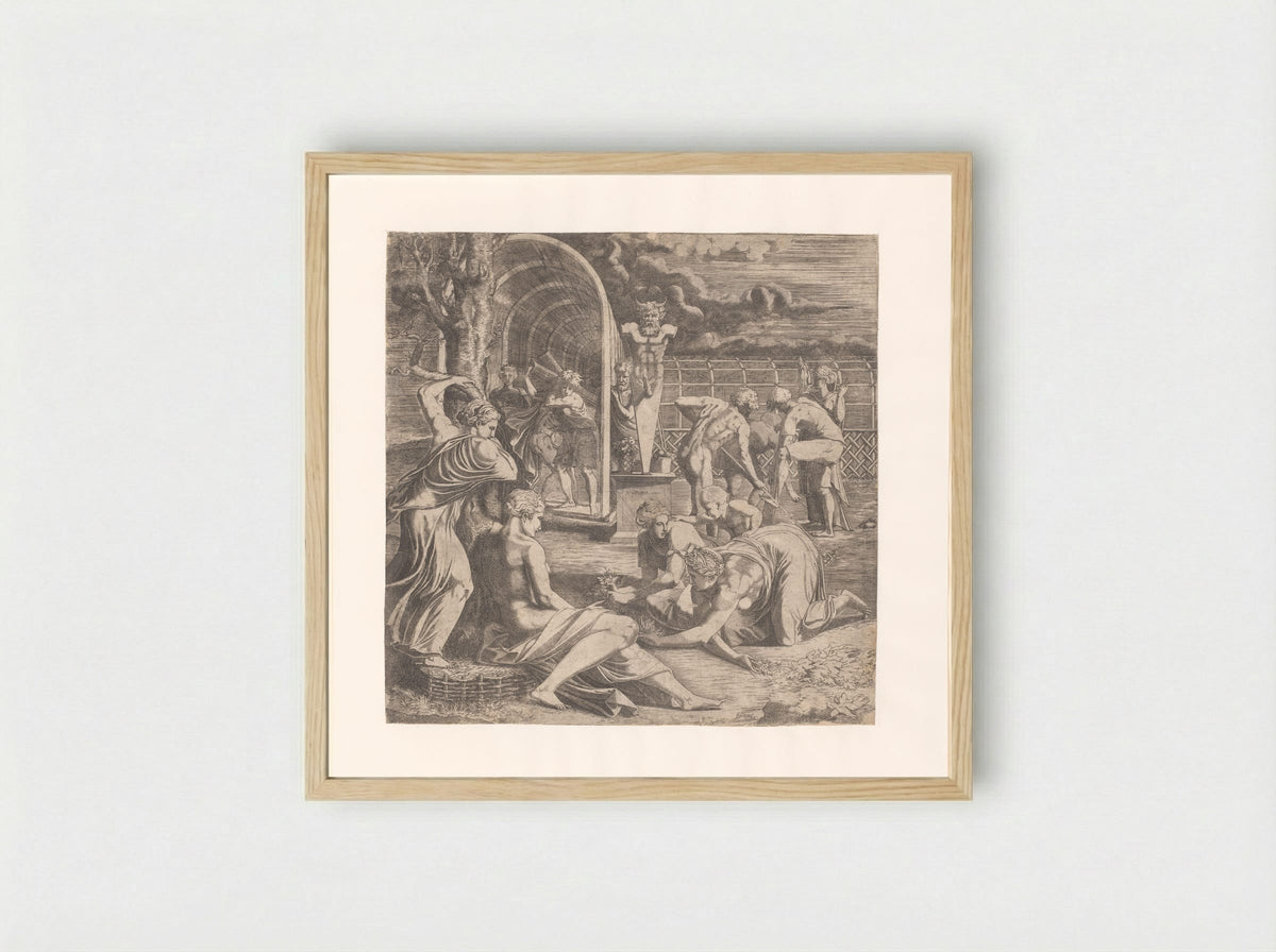 Figures Tending a Garden with a Statue of Priapus - Léon Davent - Framed Print Wood