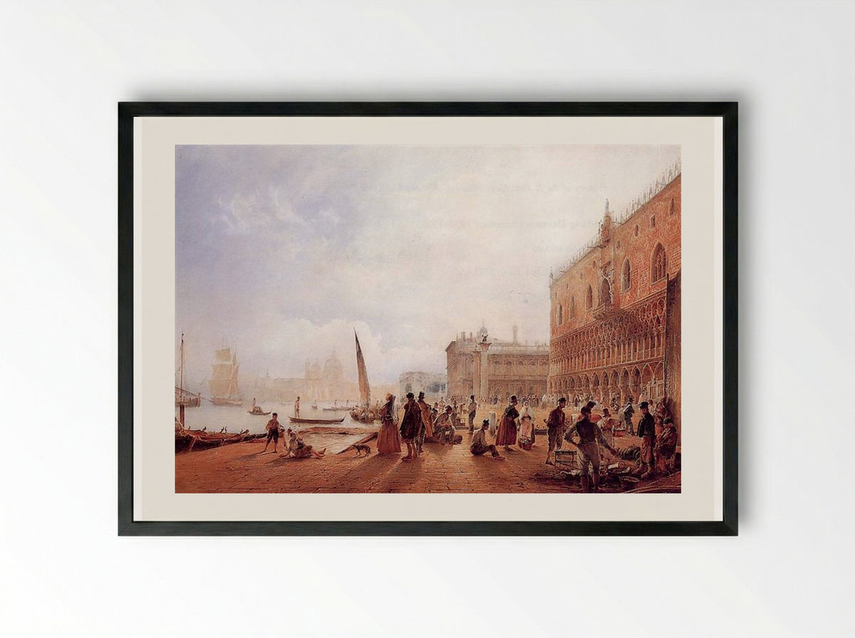 Figures on the Riva degli Schiavoni - Rudolf von Alt - Framed Print Black