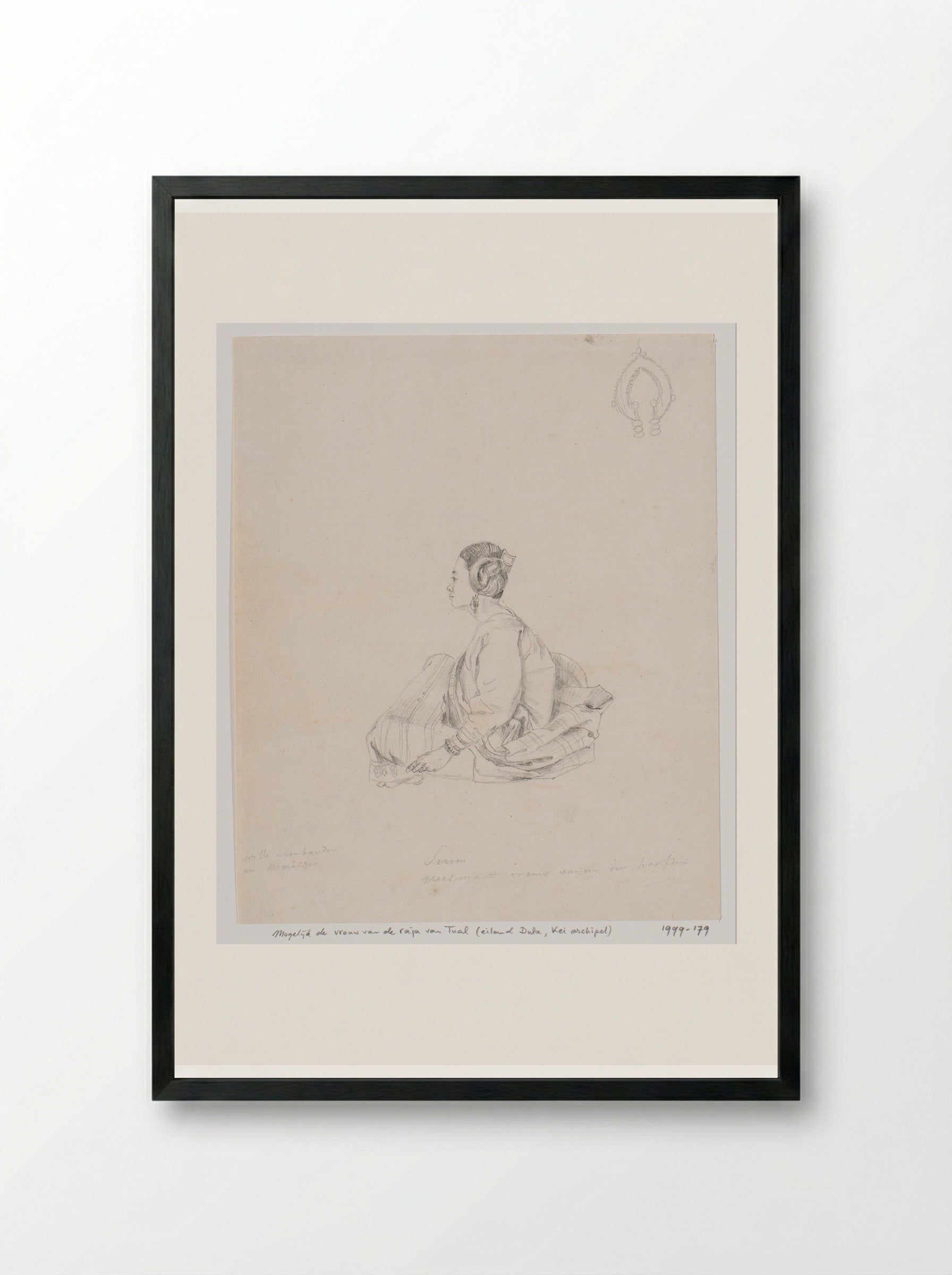 Figuurstudie van een zittende vrouw en detail van haar oorsieraad, Zuidoost-Molukken - Adrianus Johannes Bik - Framed Print Black