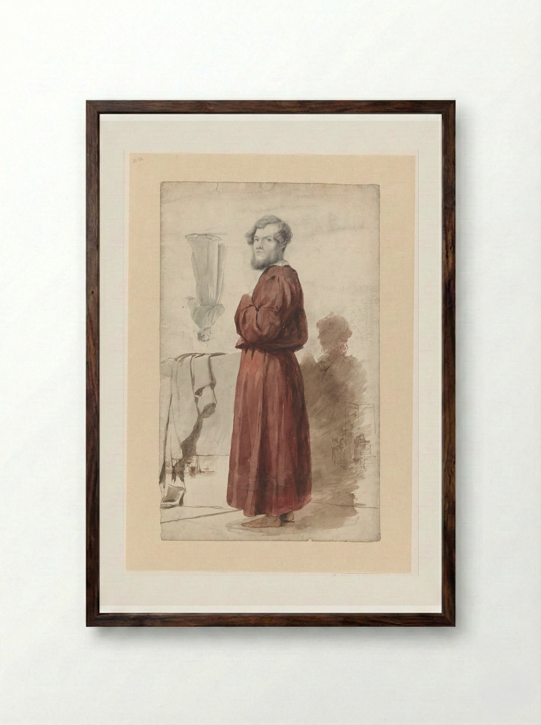 Figuurstudies met een staande man in rode kamerjas - Jan Weissenbruch - Framed Print Dark Wood