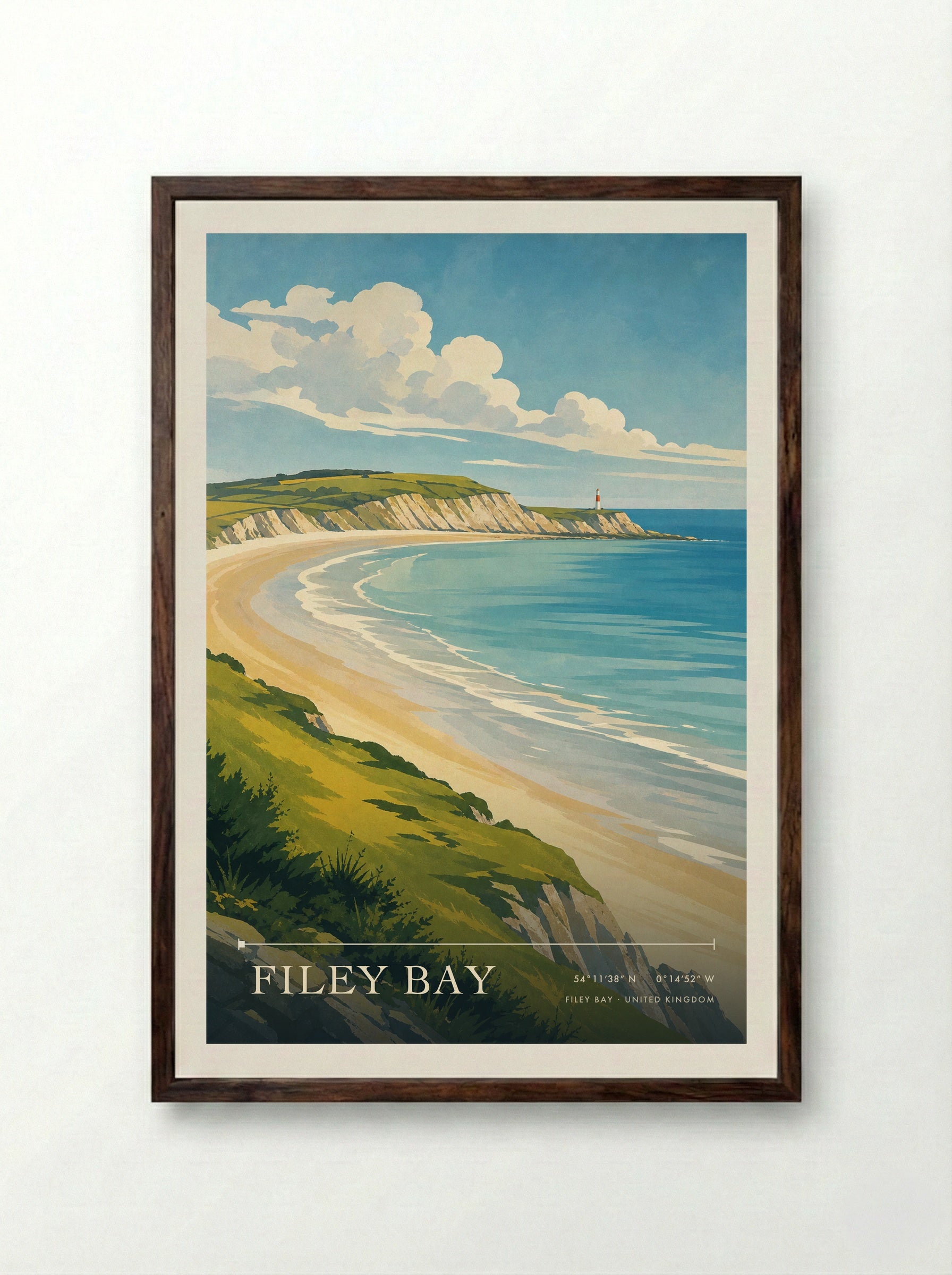 Filey Bay United Kingdom Travel Poster - Framed Print Dark Wood