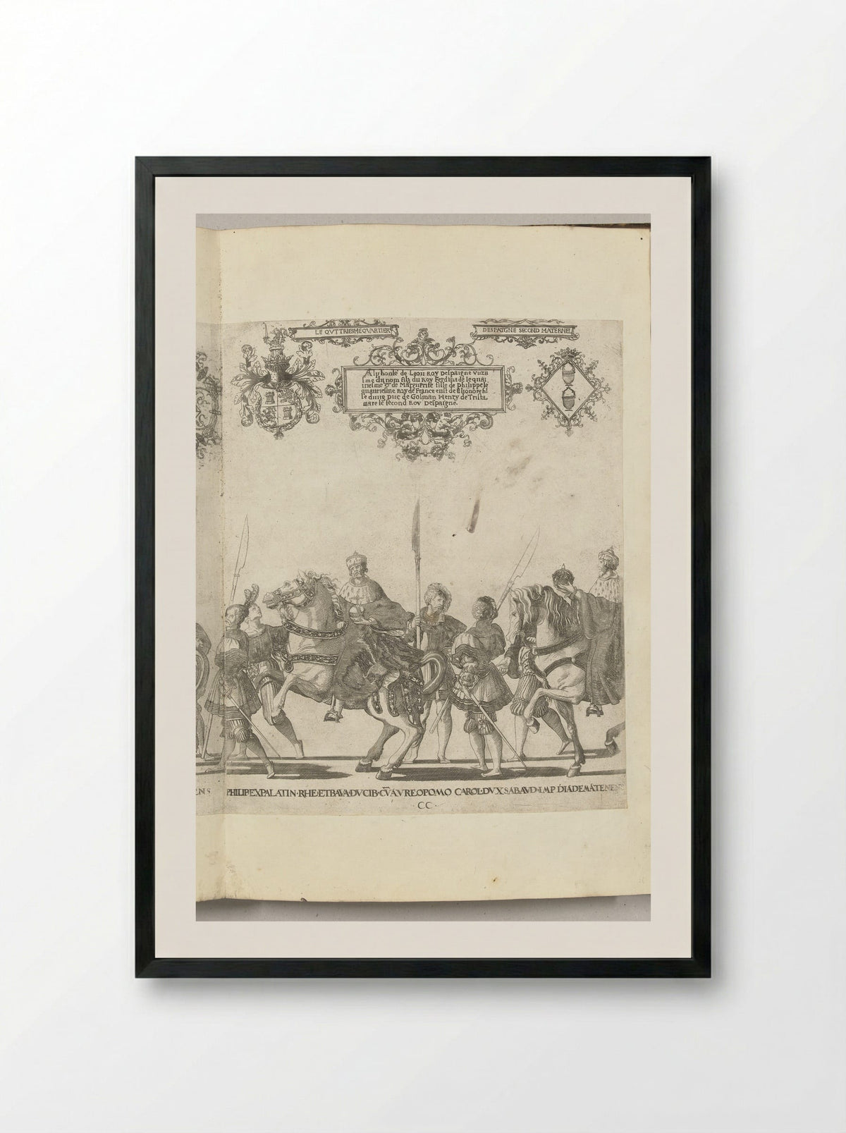 Filips, paltsgraaf en hertog van Beieren, met de rijksappel en Karel III, hertog van Savoye, met de keizerskroon, plaat CC - Nicolaas Hogenberg - Framed Print Black