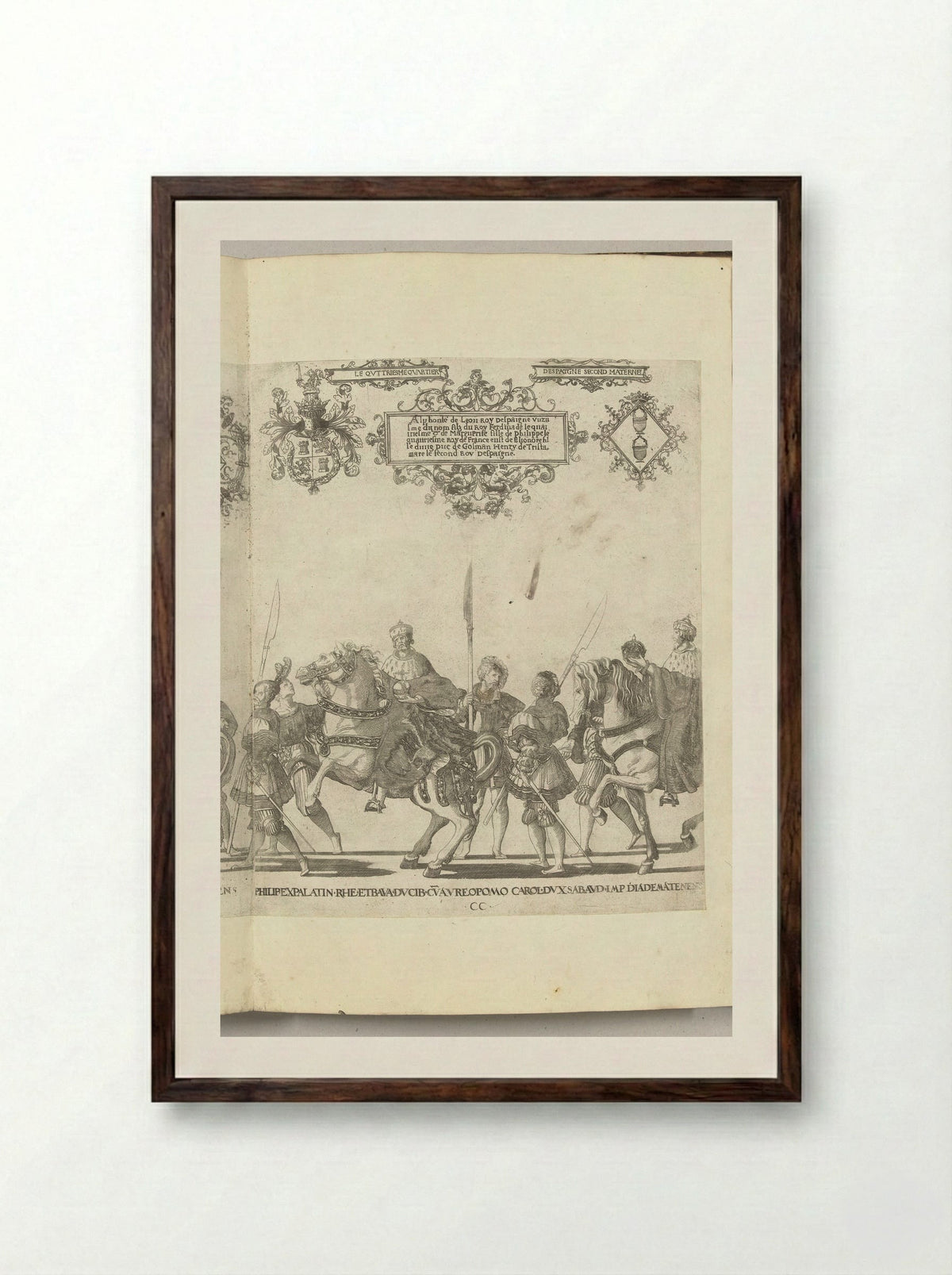 Filips, paltsgraaf en hertog van Beieren, met de rijksappel en Karel III, hertog van Savoye, met de keizerskroon, plaat CC - Nicolaas Hogenberg - Framed Print Dark Wood