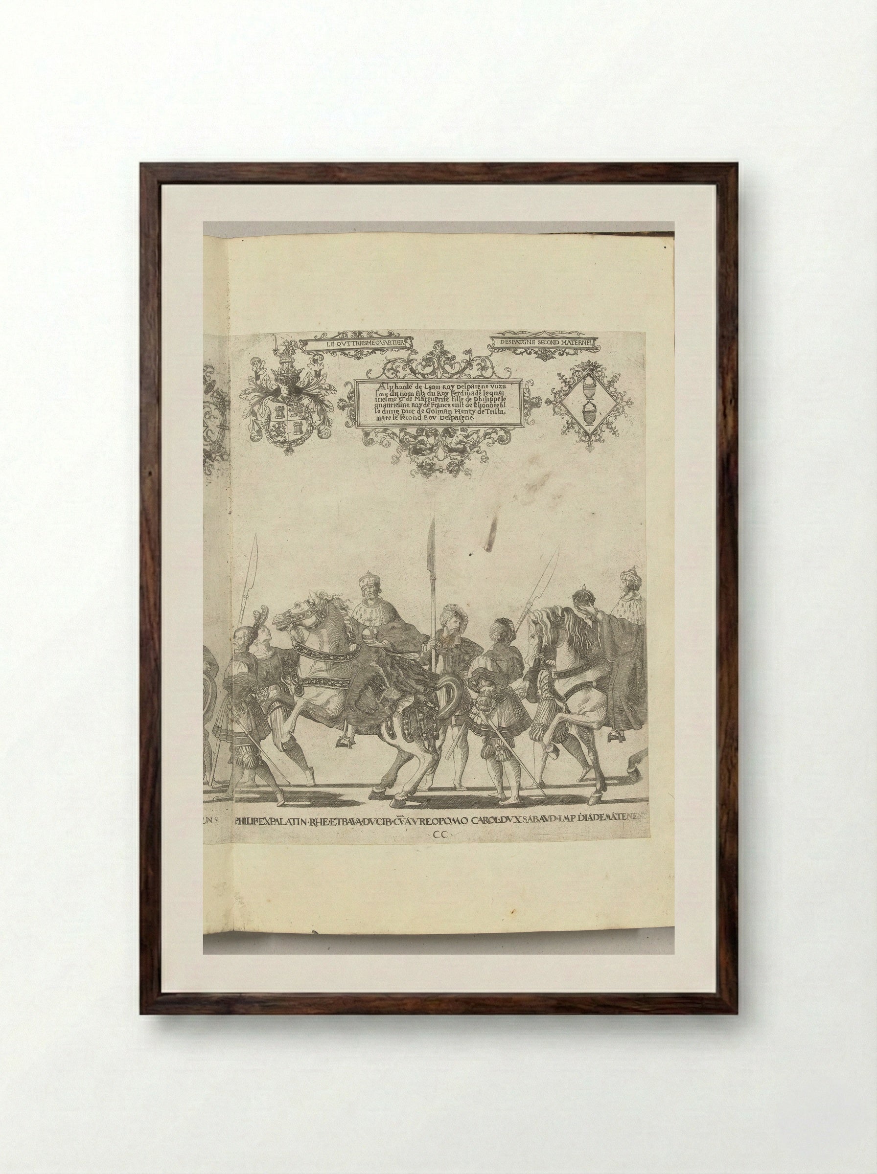Filips, paltsgraaf en hertog van Beieren, met de rijksappel en Karel III, hertog van Savoye, met de keizerskroon, plaat CC - Nicolaas Hogenberg - Framed Print Dark Wood
