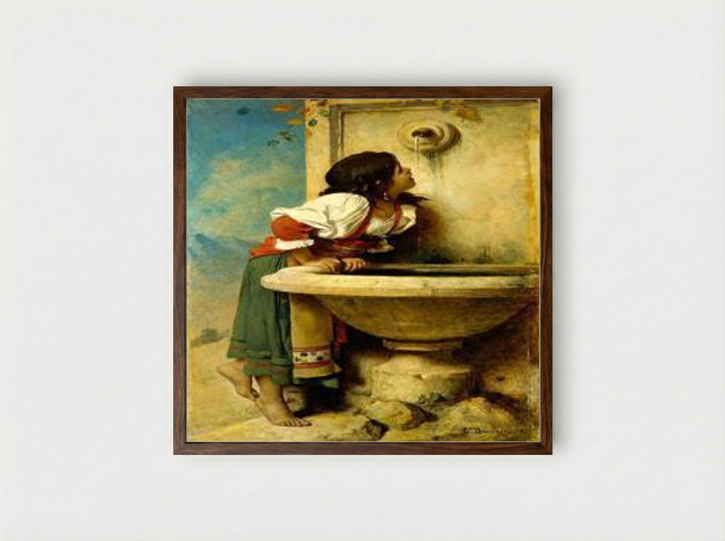 Fille romaine à la fontaine - Léon Bonnat - Framed Print Dark Wood