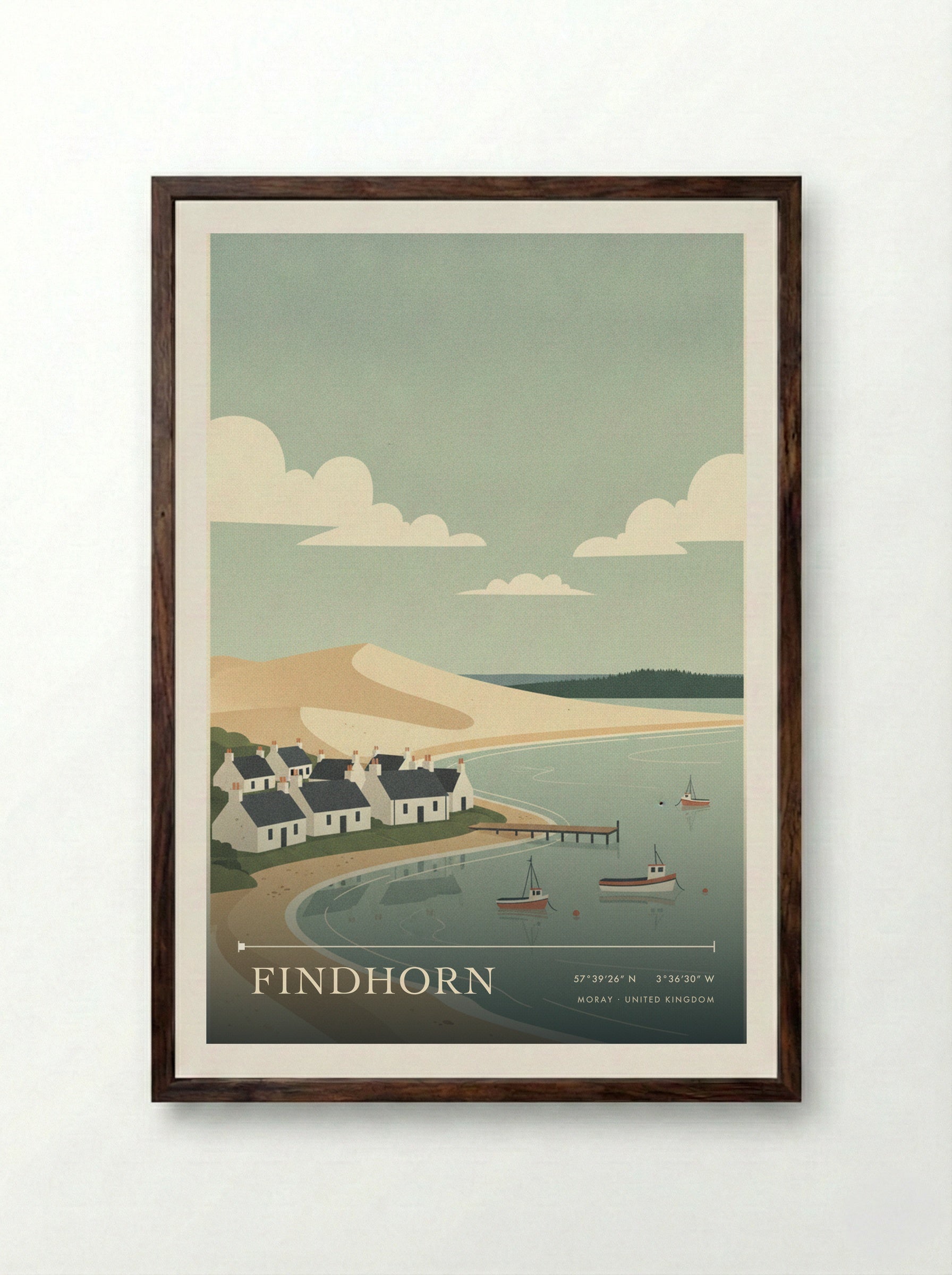 Findhorn Moray United Kingdom Travel Poster - Framed Print Dark Wood