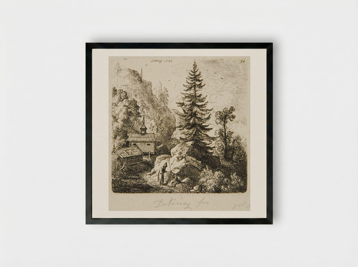 Fir Tree on a Rock - Christian Wilhelm Ernst Dietrich - Framed Print Black