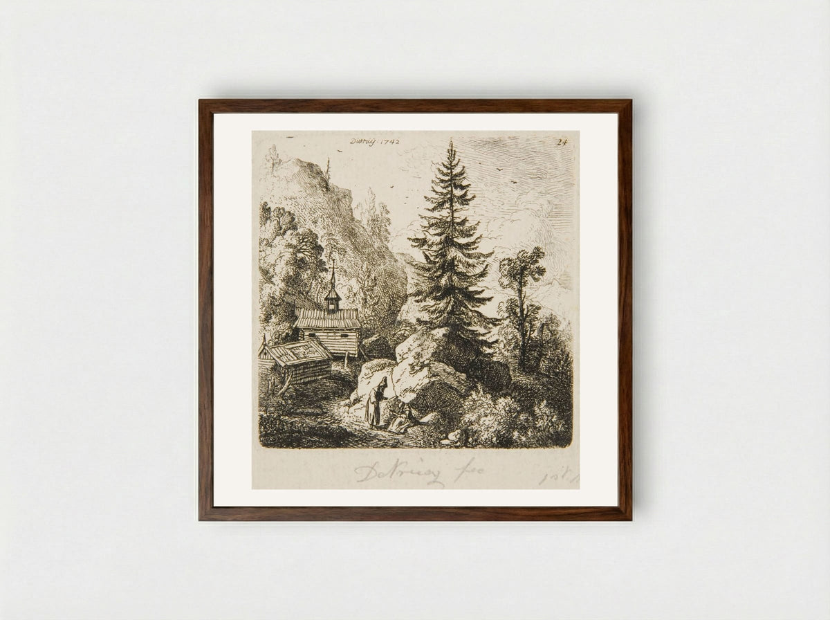 Fir Tree on a Rock - Christian Wilhelm Ernst Dietrich - Framed Print Dark Wood
