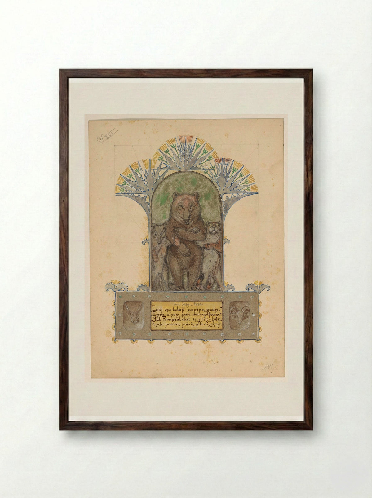 Firapeel gaat met Bruin en Isegrim naar de koning - Bernard Willem Wierink - Framed Print Dark Wood