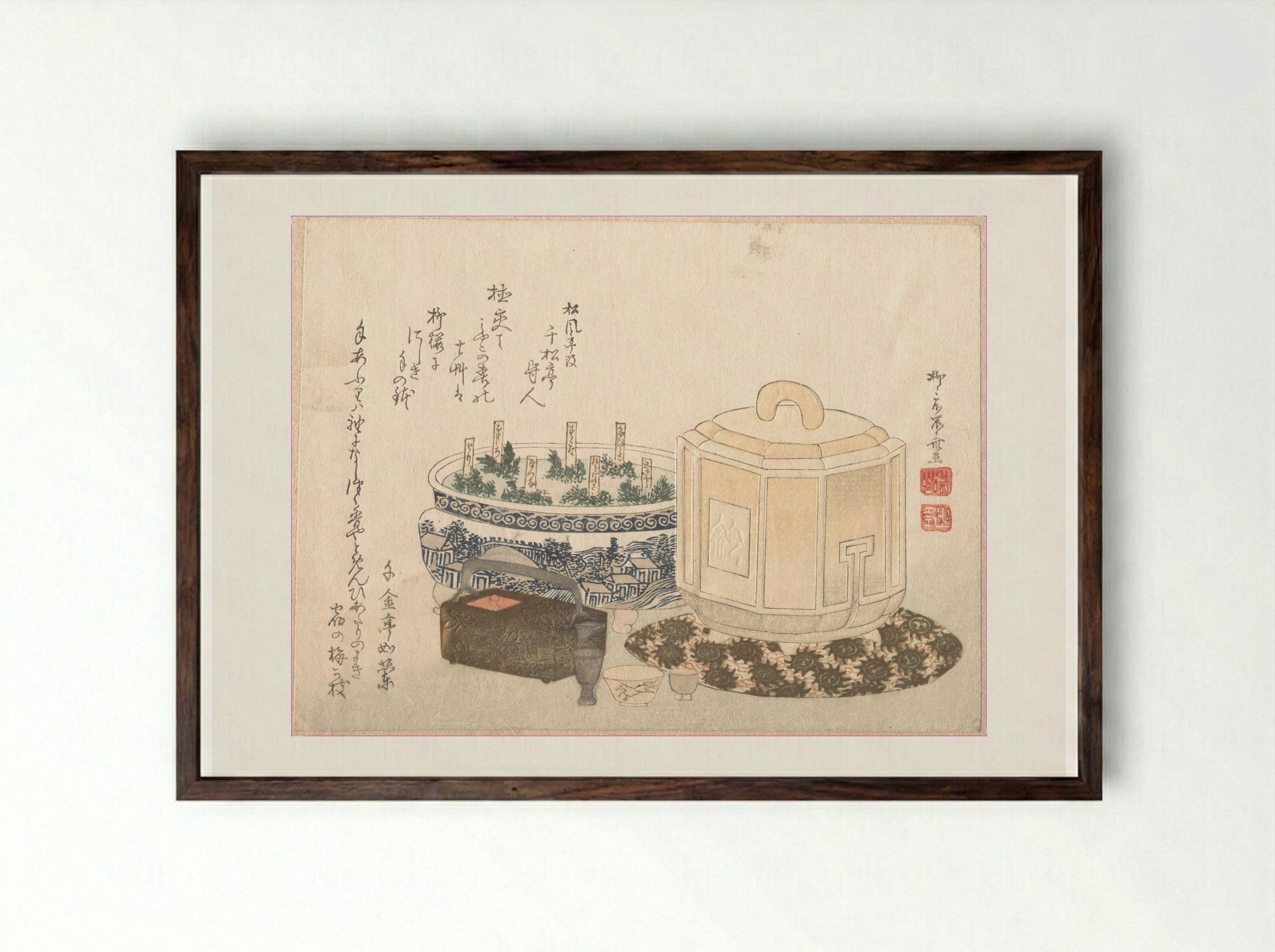 Fire-Holder and Flower-Pot - Ryūryūkyo Shinsai - Framed Print Dark Wood