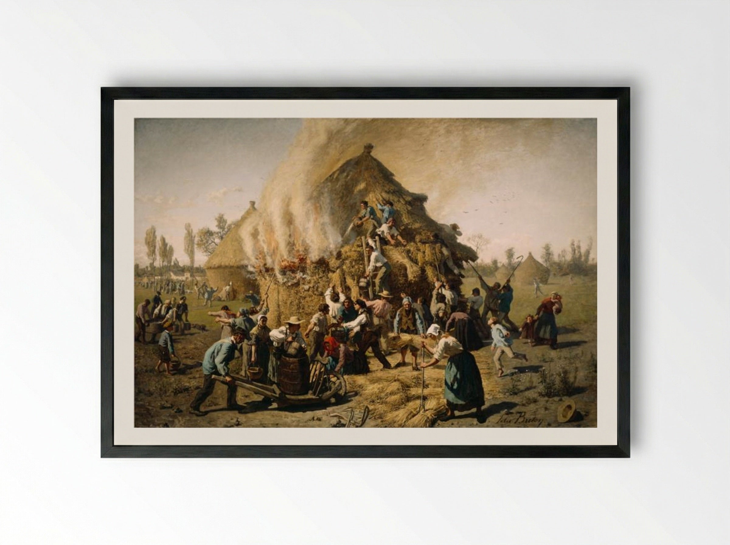 Fire in a Haystack - Jules Breton - Framed Print Black