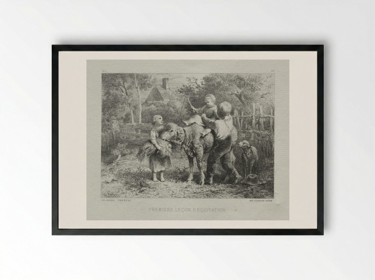 First Riding Lesson - Charles-Émile Jacque - Framed Print Black