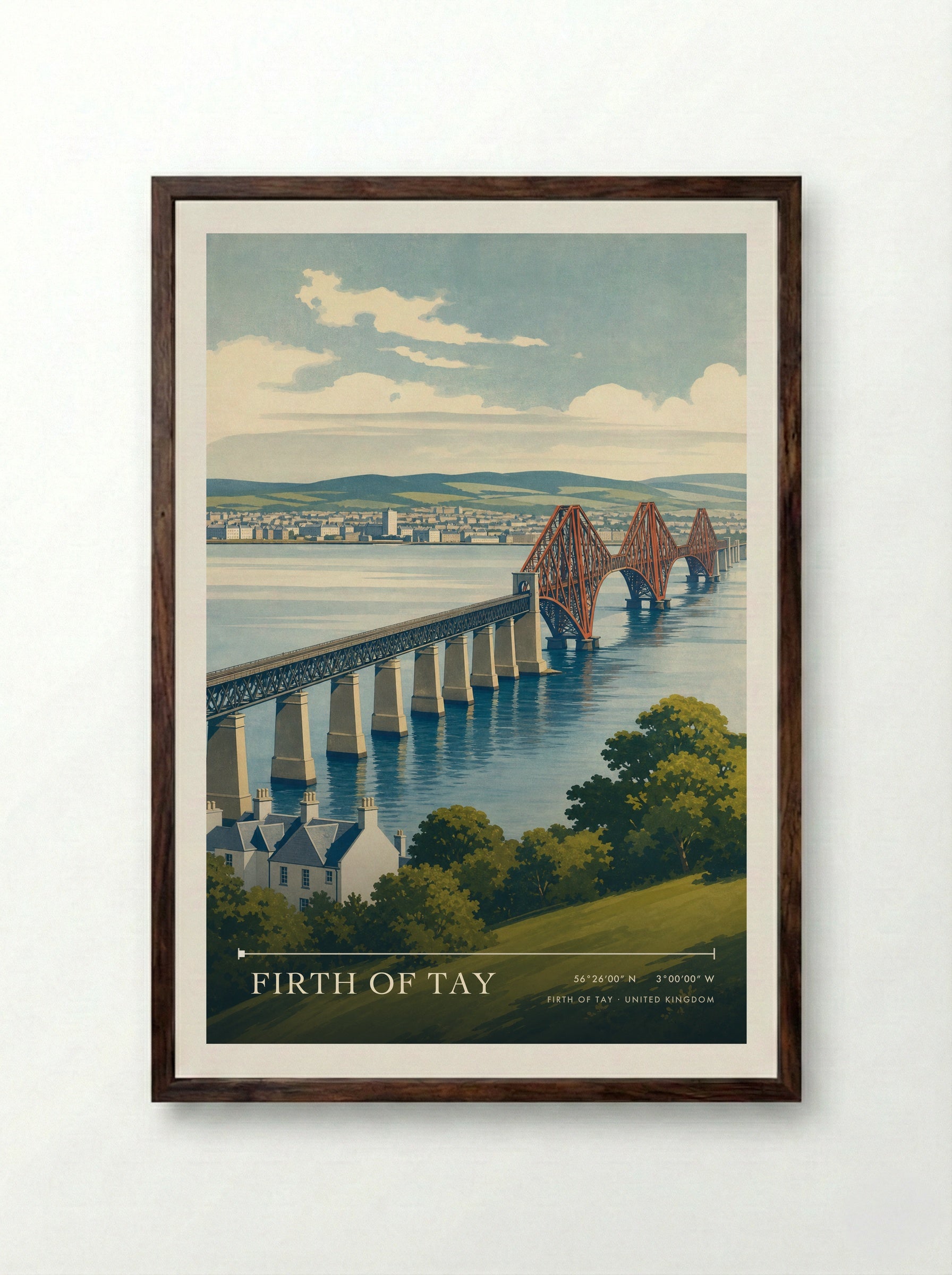 Firth of Tay United Kingdom Travel Poster - Framed Print Dark Wood