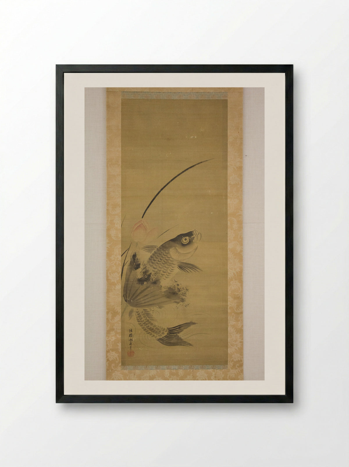 Fish and Lotus - Kano Yasunobu - Framed Print Black