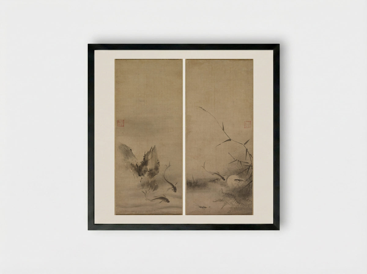 Fish and Rock; Fish and Seaweed - Rinkyo - Framed Print Black