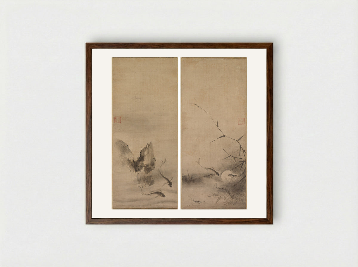Fish and Rock; Fish and Seaweed - Rinkyo - Framed Print Dark Wood