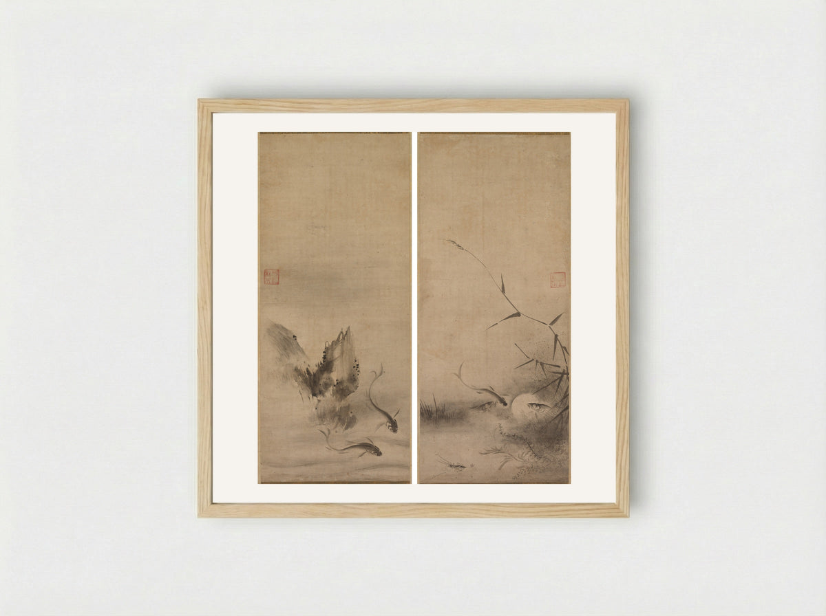 Fish and Rock; Fish and Seaweed - Rinkyo - Framed Print Wood
