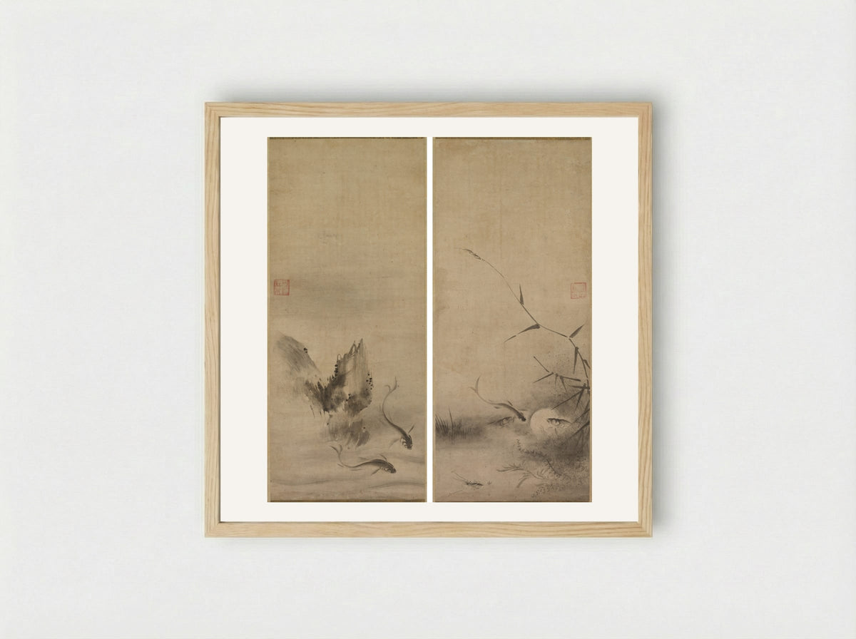 Fish and Rock; Fish and Seaweed - Rinkyo - Framed Print Wood