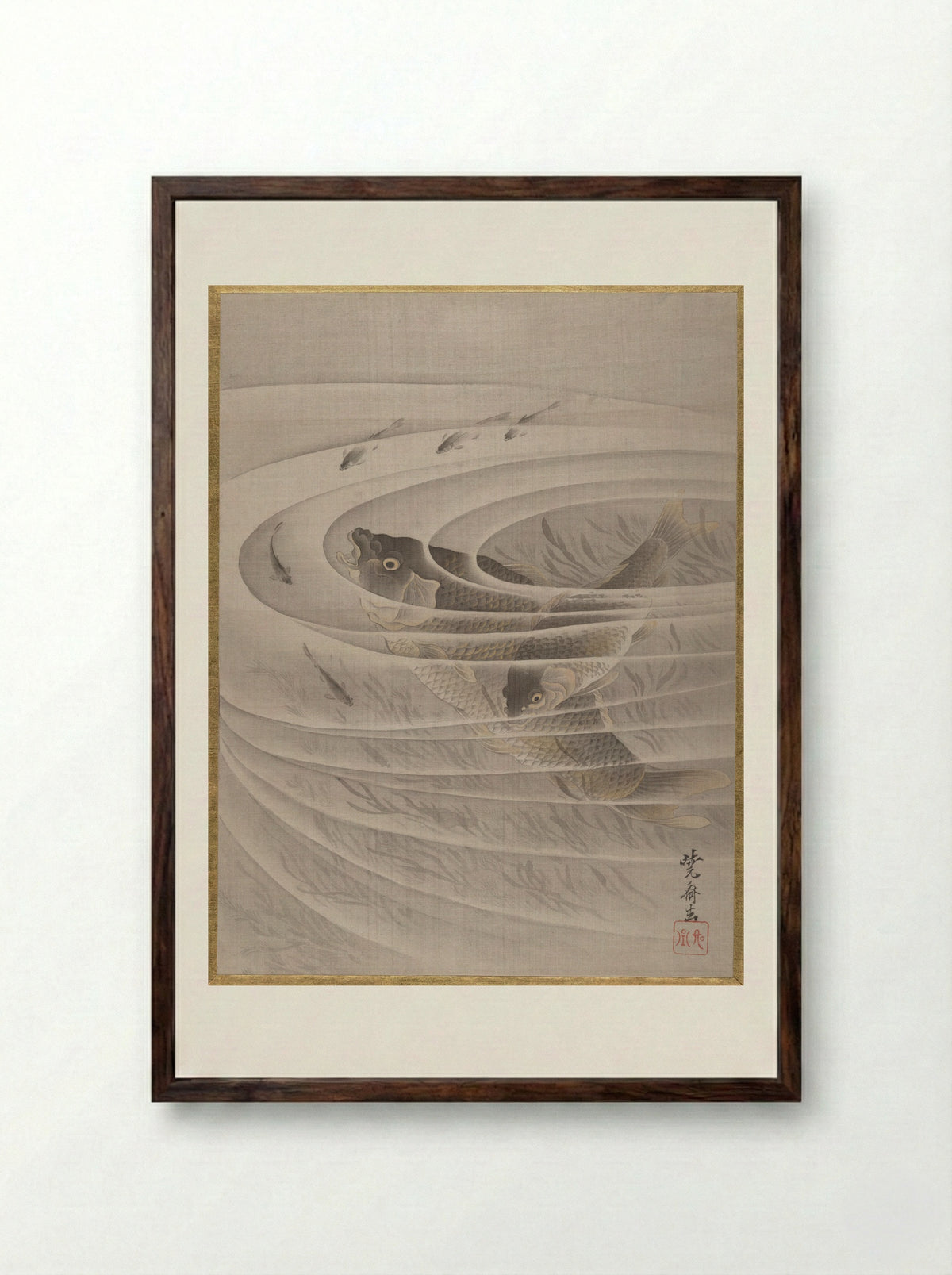 Fish in a Whirlpool - Kawanabe Kyōsai - Framed Print Dark Wood