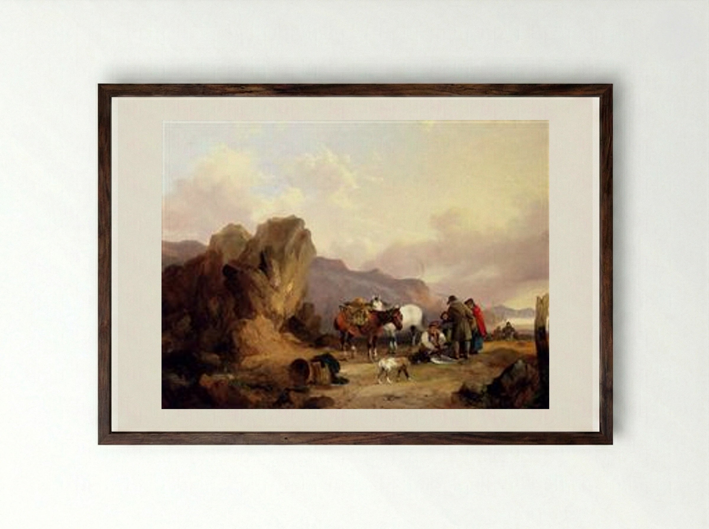 Fisherfolk Sorting The Catch - William Shayer - Framed Print Dark Wood