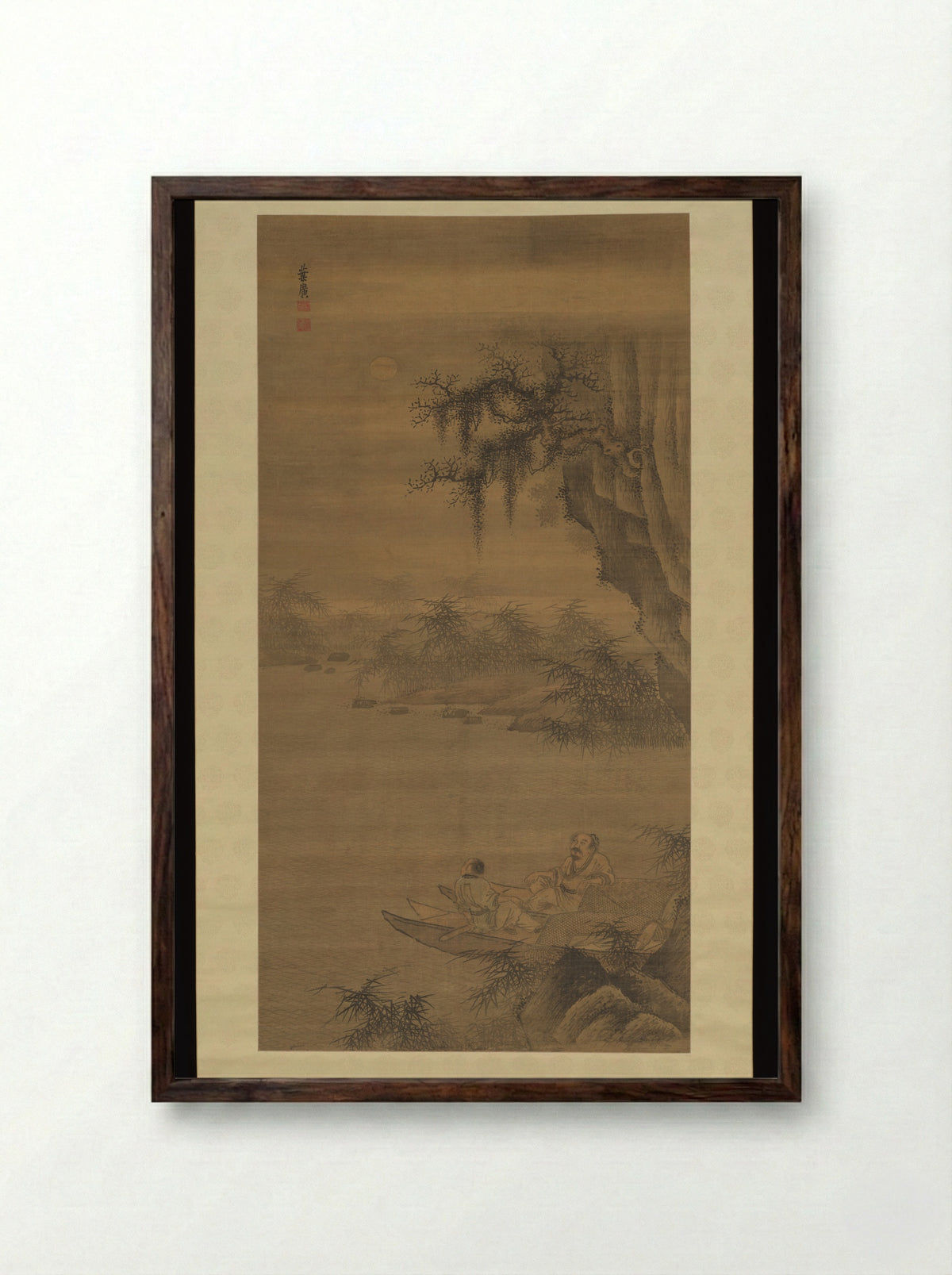 Fisherman viewing the moon - Ye Guang - Framed Print Dark Wood