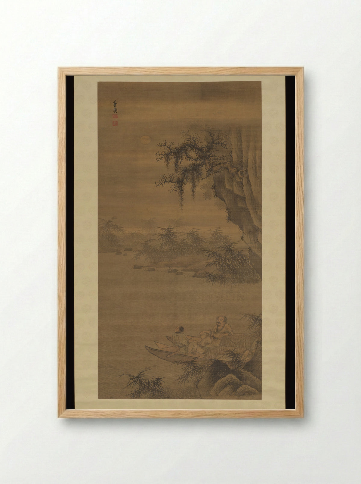 Fisherman viewing the moon - Ye Guang - Framed Print Wood