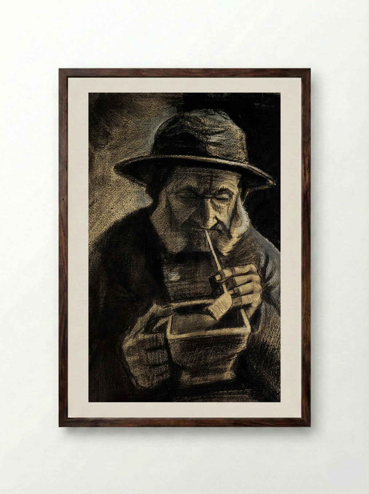Fisherman with Sou'wester, Pipe and Coal-pan - Vincent van Gogh - Framed Print Dark Wood