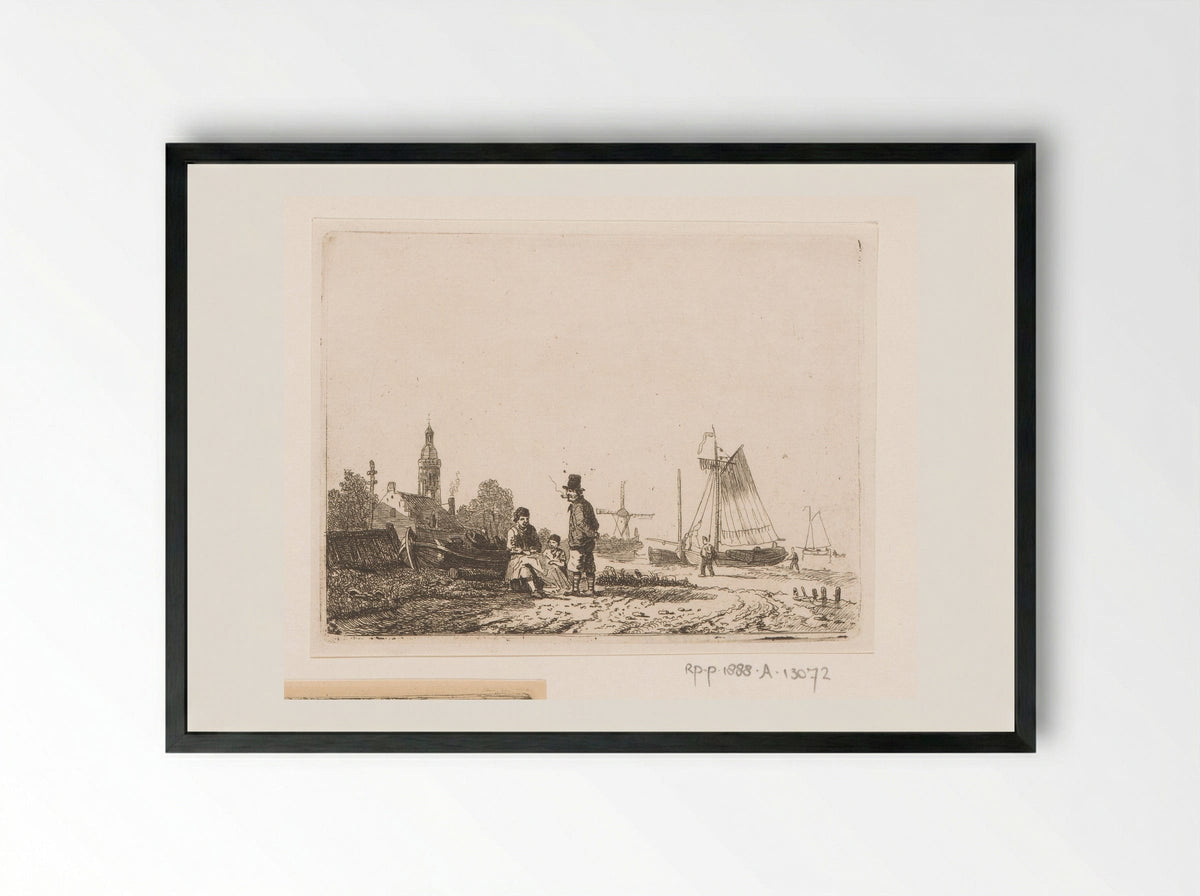 Fisherman with his Son Repairing a Net Under the Supervision of a Pipe-Smoking Old Sailor - Egidius Linnig - Framed Print Black