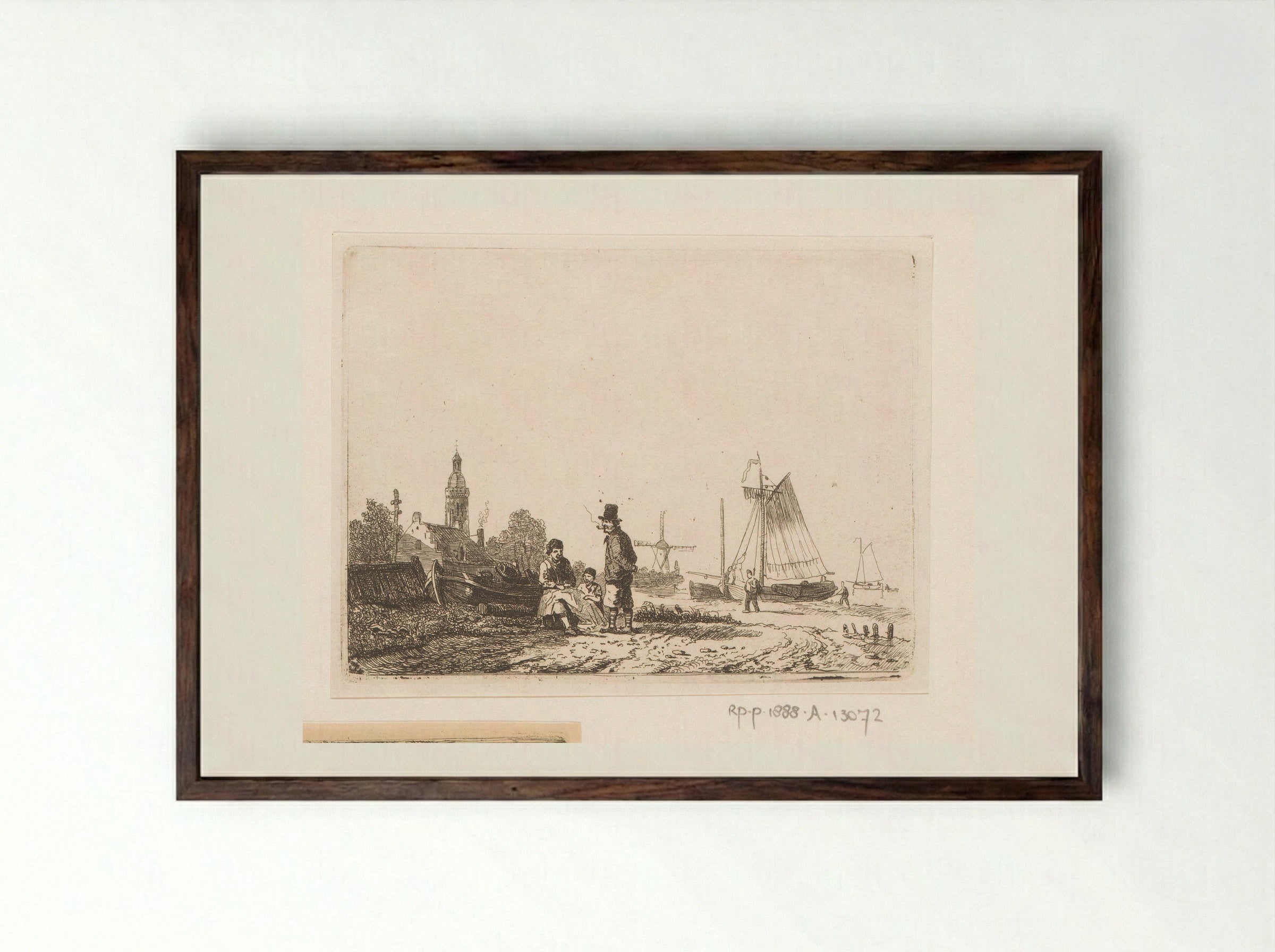 Fisherman with his Son Repairing a Net Under the Supervision of a Pipe-Smoking Old Sailor - Egidius Linnig - Framed Print Dark Wood
